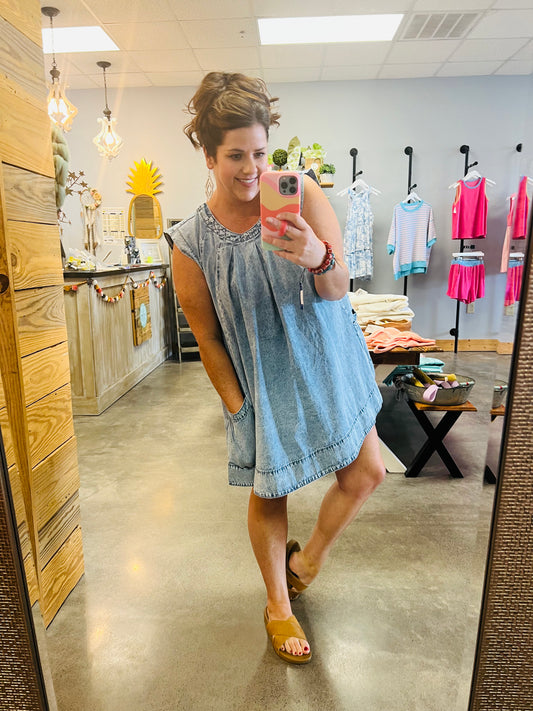 Washed Denim Pocket Mini Dress (S-L)(Runs Big!)