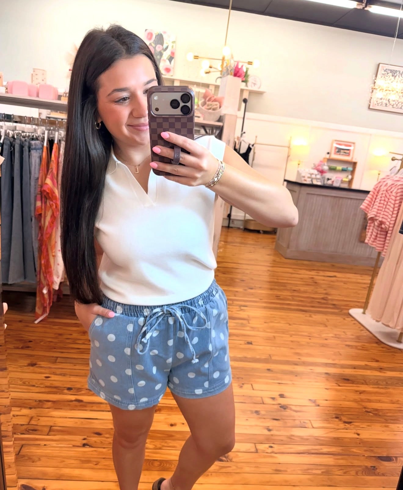 Polka Dot Drawstring Denim Shorts (S-L)