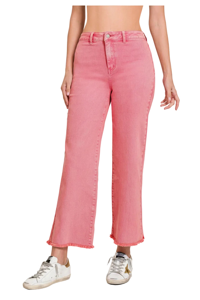 Acid Washed Straight Wide Pants w/ Frayed Hem (S-XL)