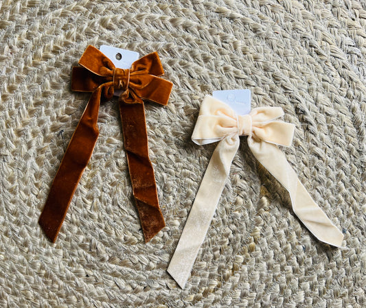 Velvet Vintage Ribbon Hair Bow (Camel or Beige)