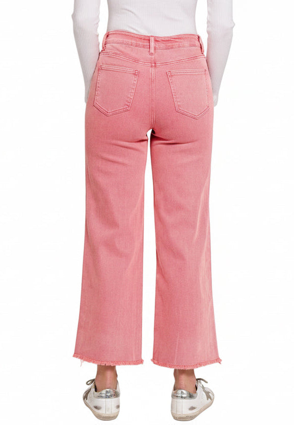 Acid Washed Straight Wide Pants w/ Frayed Hem (S-XL)