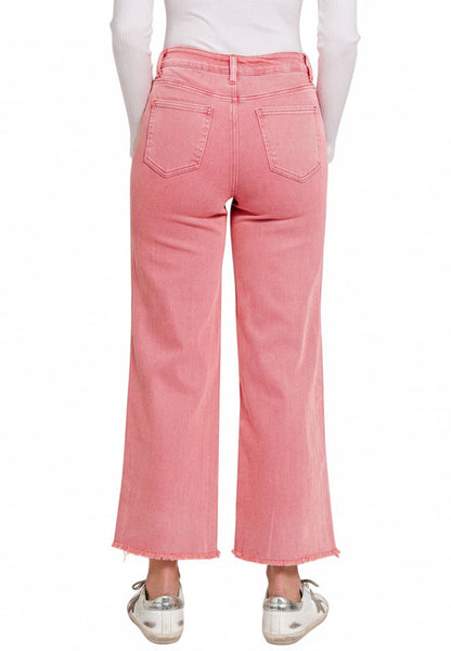Acid Washed Straight Wide Pants w/ Frayed Hem (S-XL)