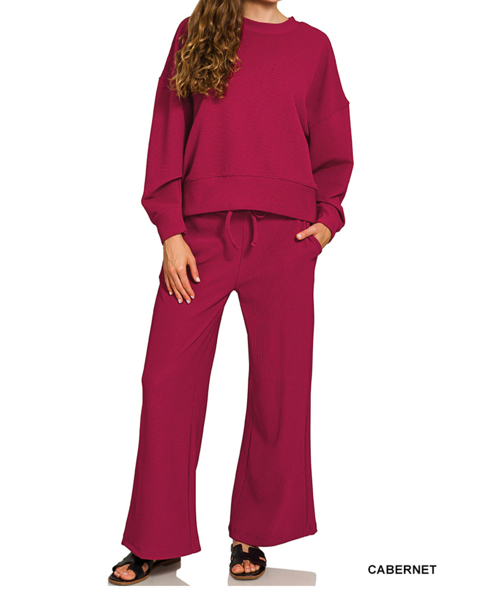 RIBBED ROUND NECK PULLOVER & PANTS SET (S-L)(3 Colors)