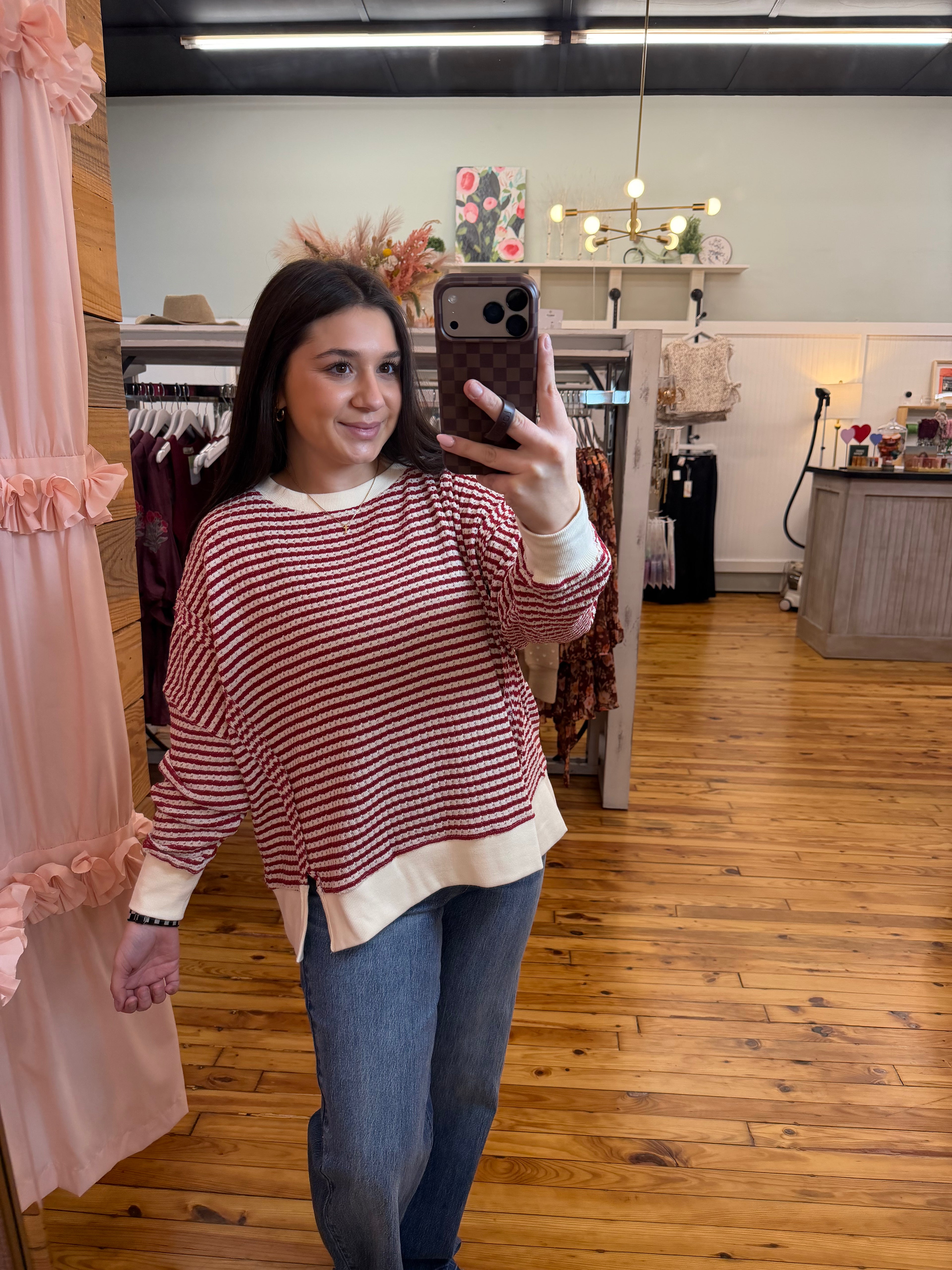 STRIPE EXPOSED SEAM SPLIT HEM LONG SLEEVE KNIT TOP (S-L)(2 Colors)