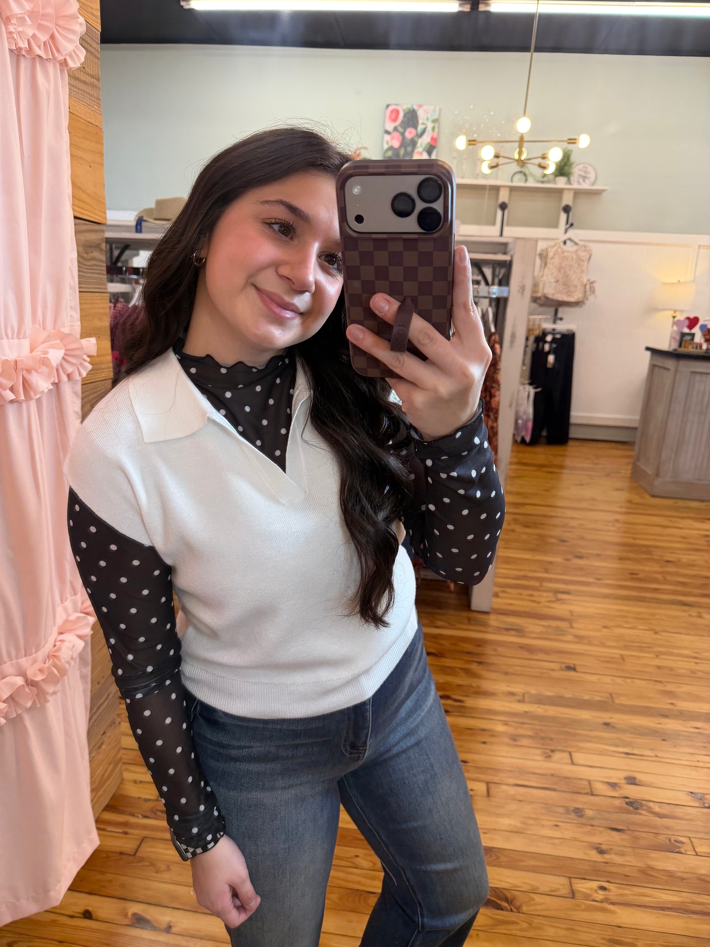 Polka Dot Mesh Long Sleeve Top (S-L)(Black or White)