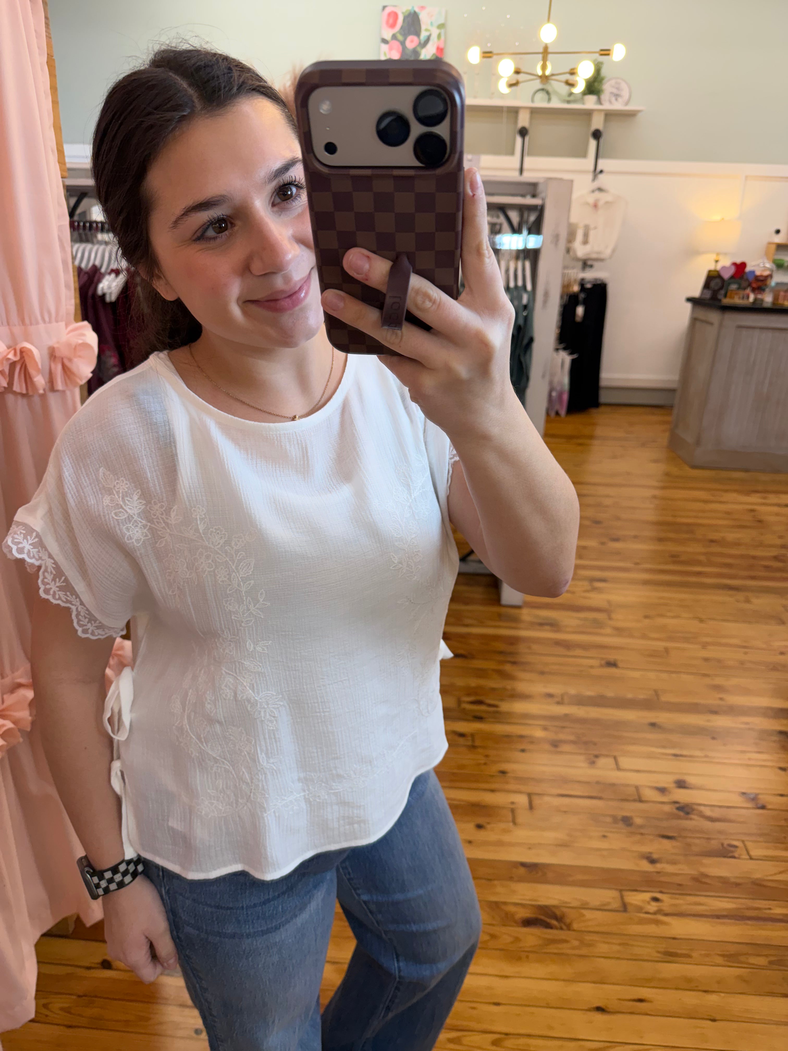 SIDE TIE LACE TRIM WOVEN TOP (S-L)