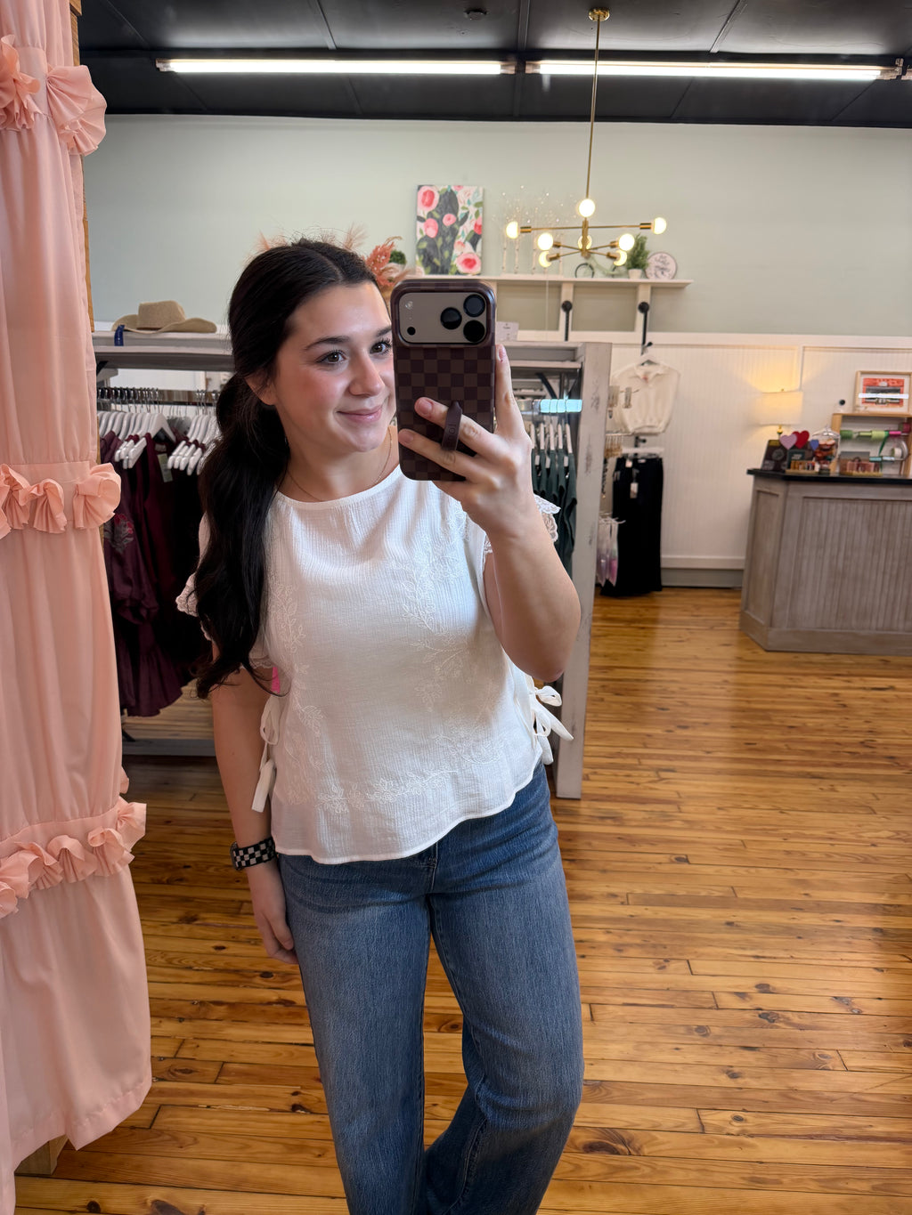 SIDE TIE LACE TRIM WOVEN TOP (S-L)