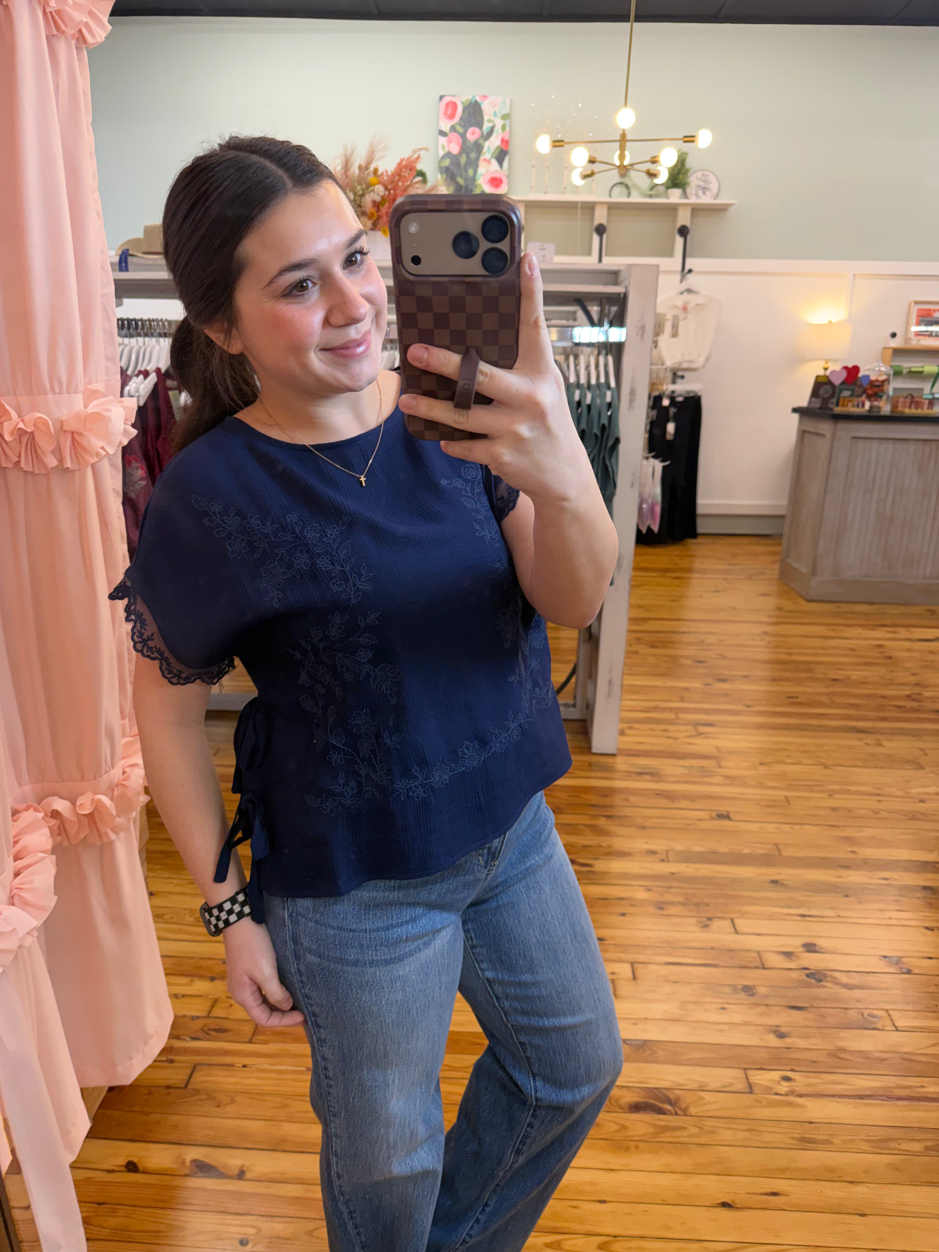 SIDE TIE LACE TRIM WOVEN TOP (S-L)