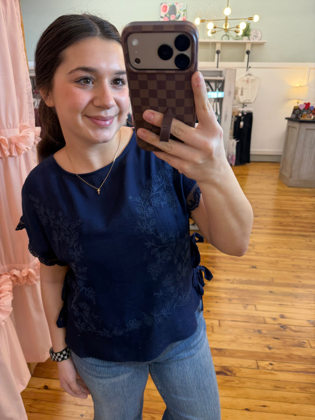 SIDE TIE LACE TRIM WOVEN TOP (S-L)