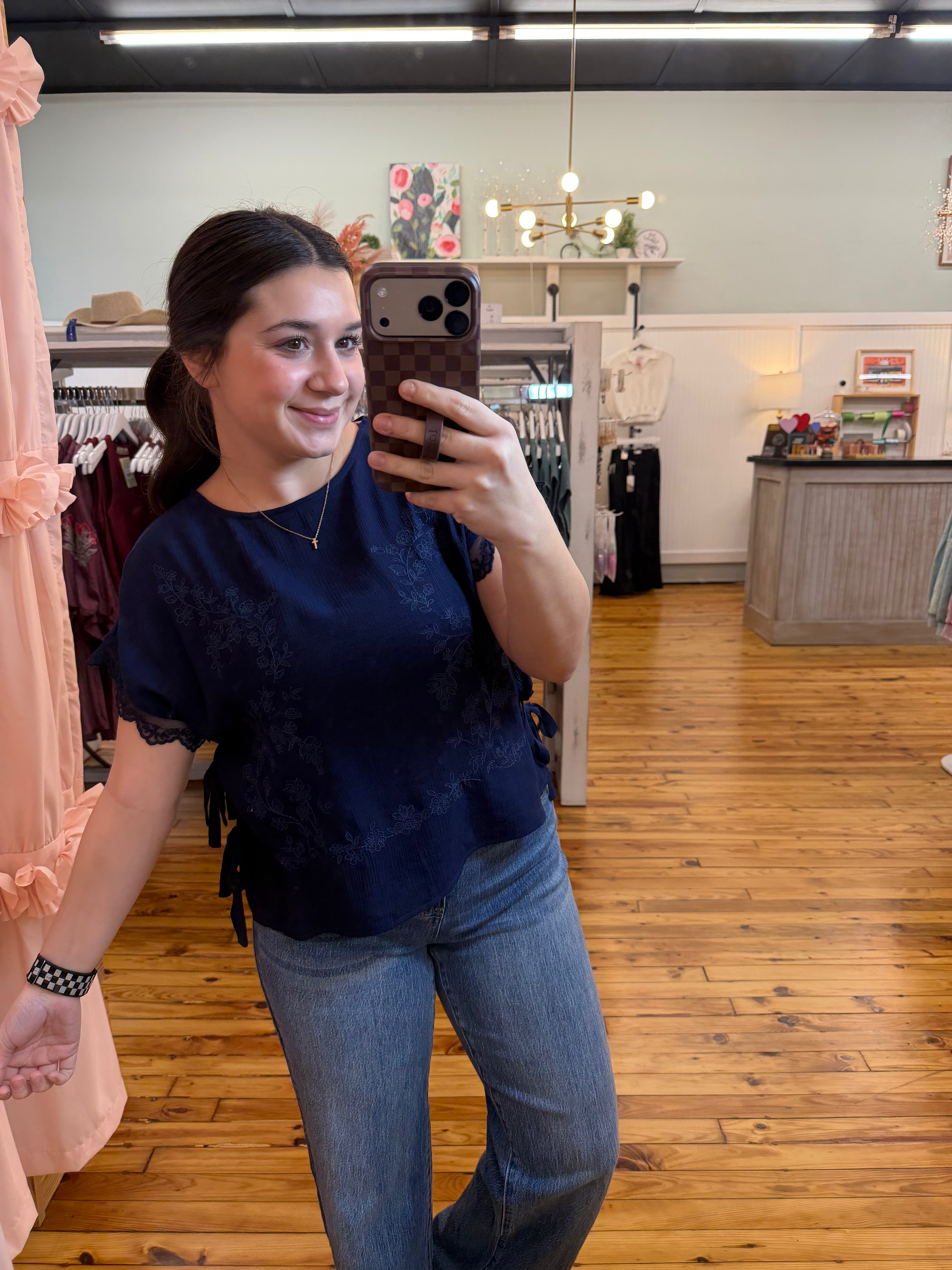 SIDE TIE LACE TRIM WOVEN TOP (S-L)