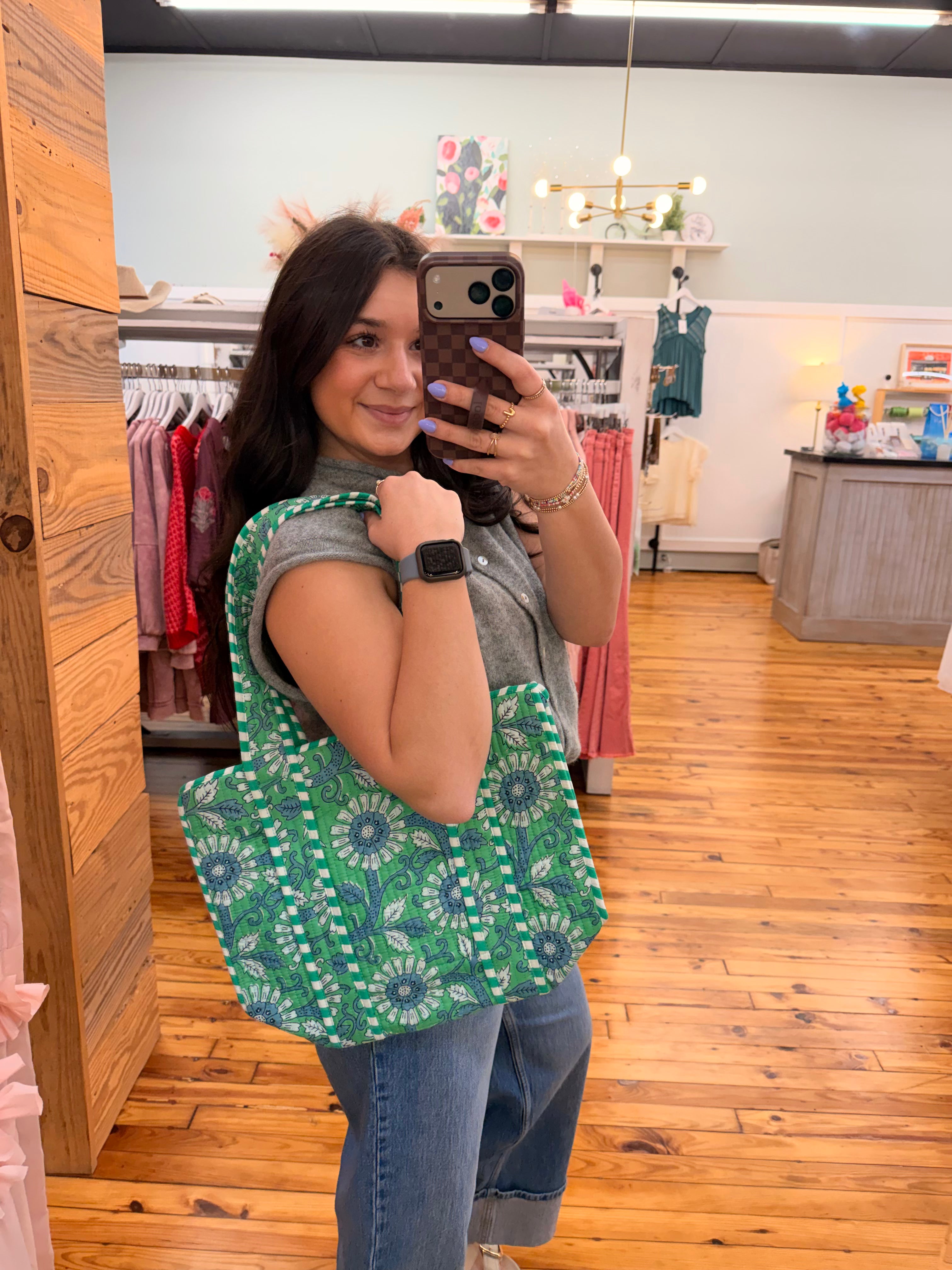 The Mallory Cotton Block Print Tote Bag- Small