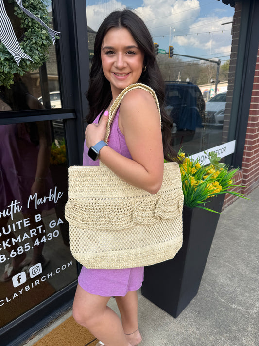 RUFFLE DETAIL CROCHET STRAW BAG