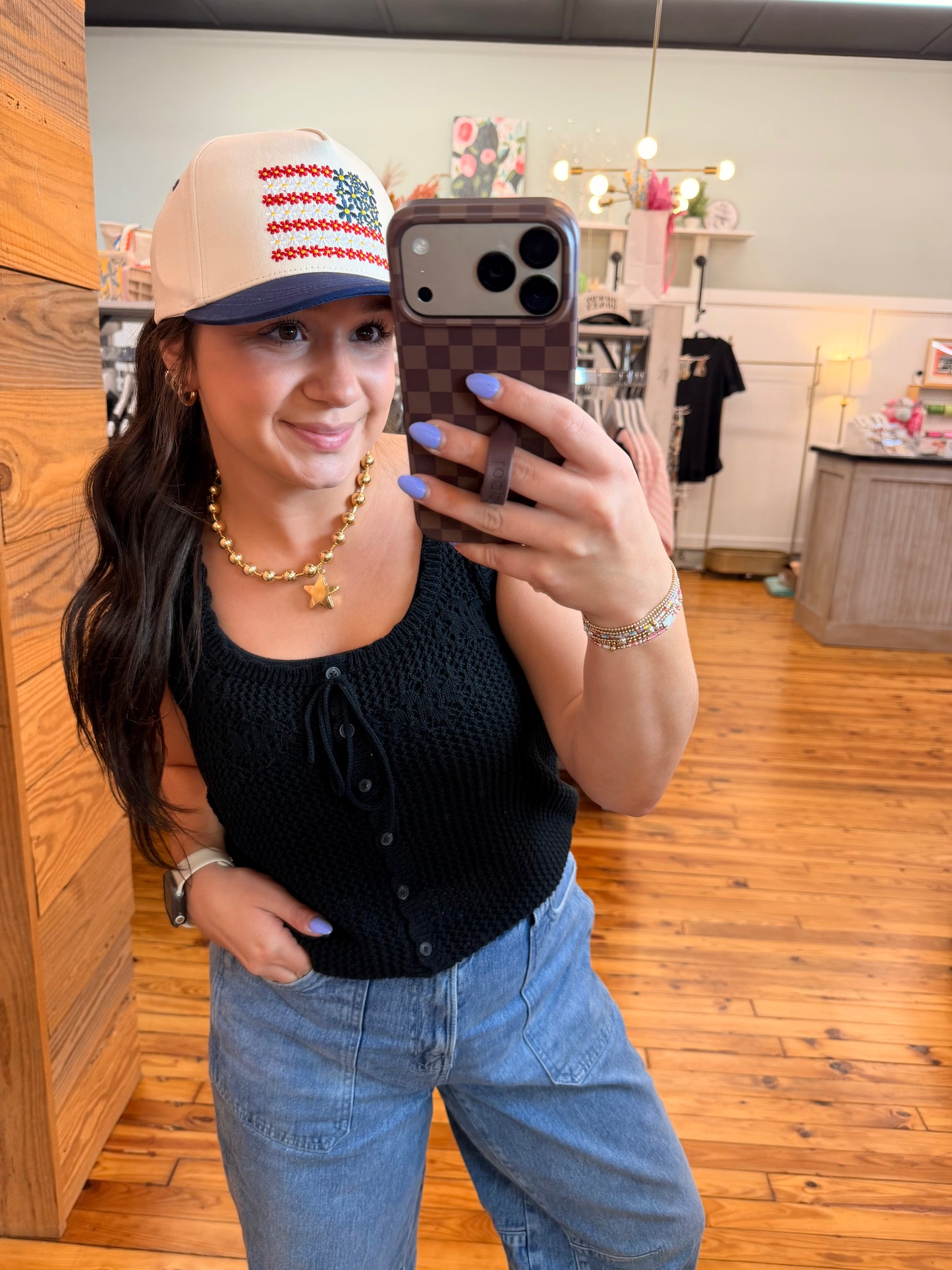 C.C Floral Flag Criss-Cross Ponytail Trucker Hat