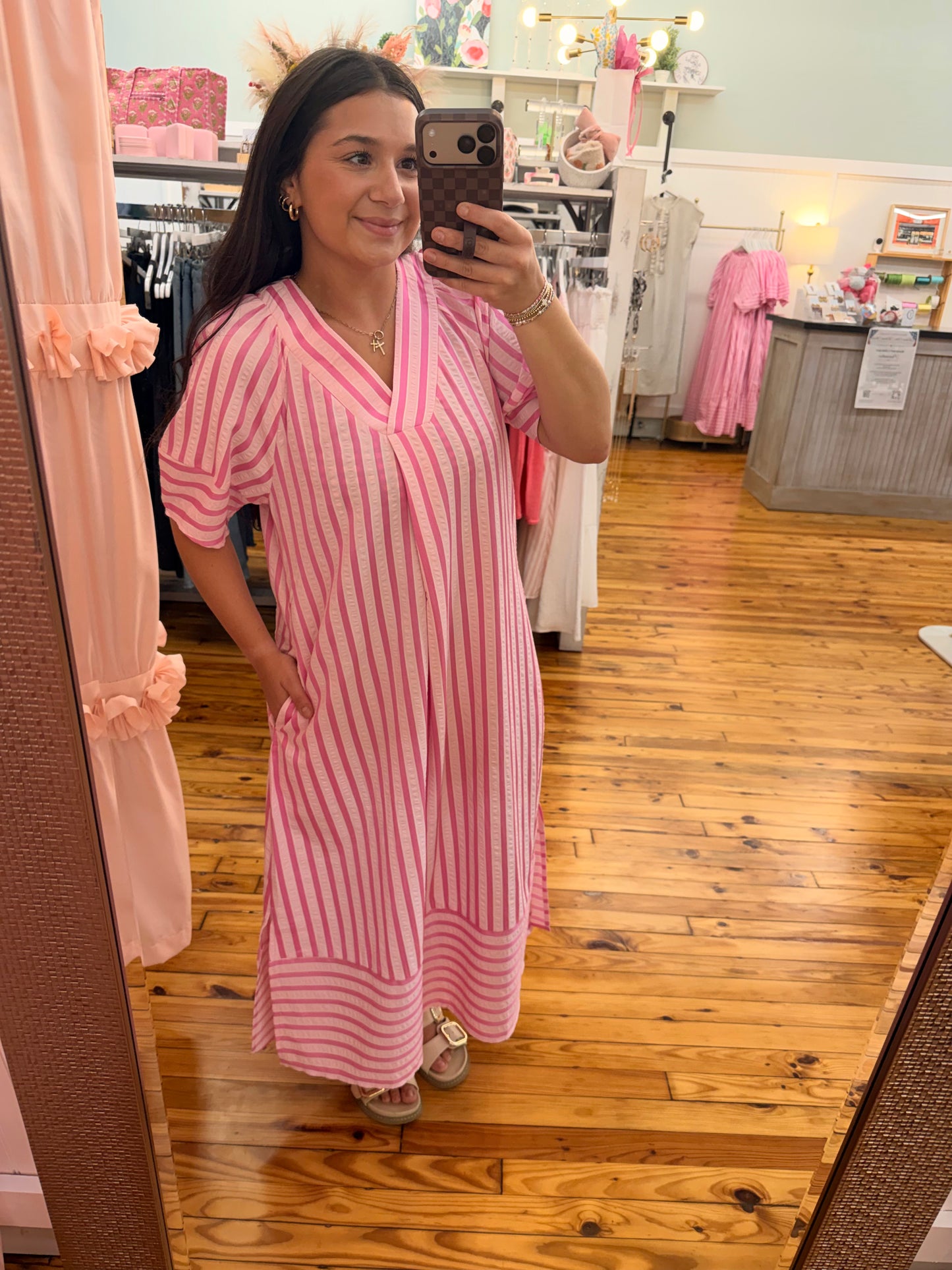 Stripe V-Neck Short Sleeve Long Dress (S-XL)