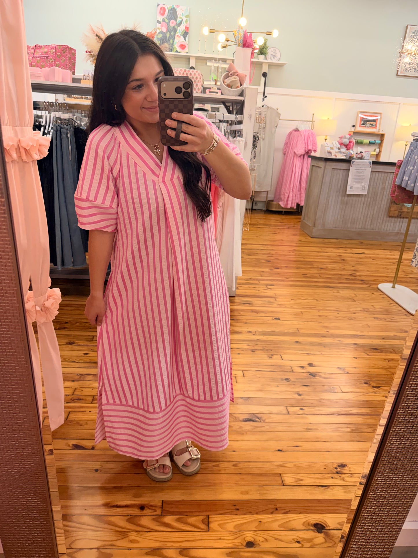 Stripe V-Neck Short Sleeve Long Dress (S-XL)
