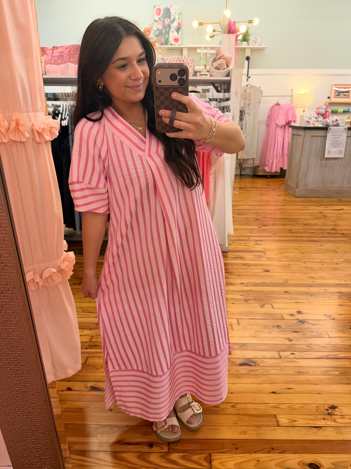 Stripe V-Neck Short Sleeve Long Dress (S-XL)