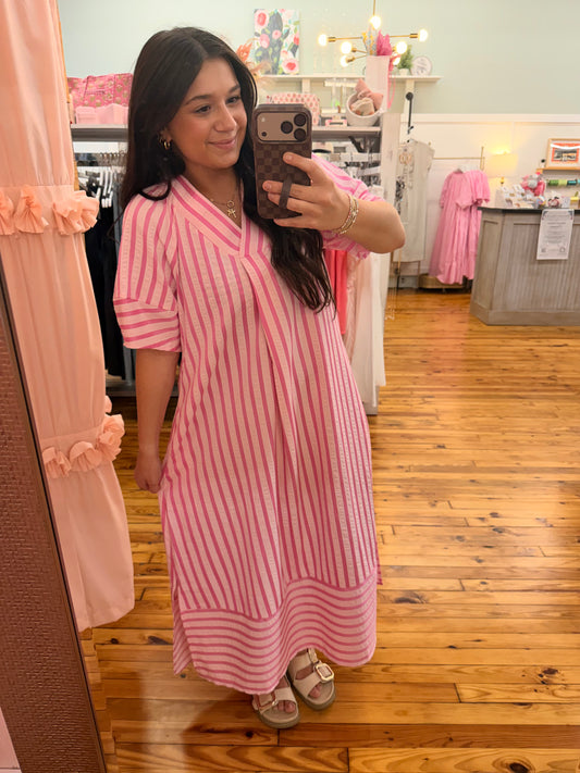 Stripe V-Neck Short Sleeve Long Dress (S-XL)