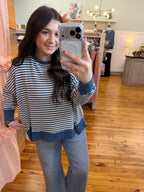 STRIPE EXPOSED SEAM SPLIT HEM LONG SLEEVE KNIT TOP (S-L)