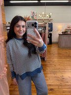 STRIPE EXPOSED SEAM SPLIT HEM LONG SLEEVE KNIT TOP (S-L)