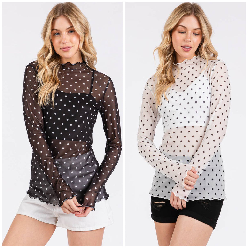 Polka Dot Mesh Long Sleeve Top (S-L)(Black or White)
