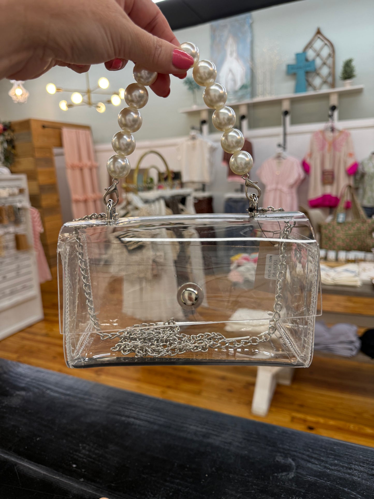 Transparent Clear Pearl Handle Bag