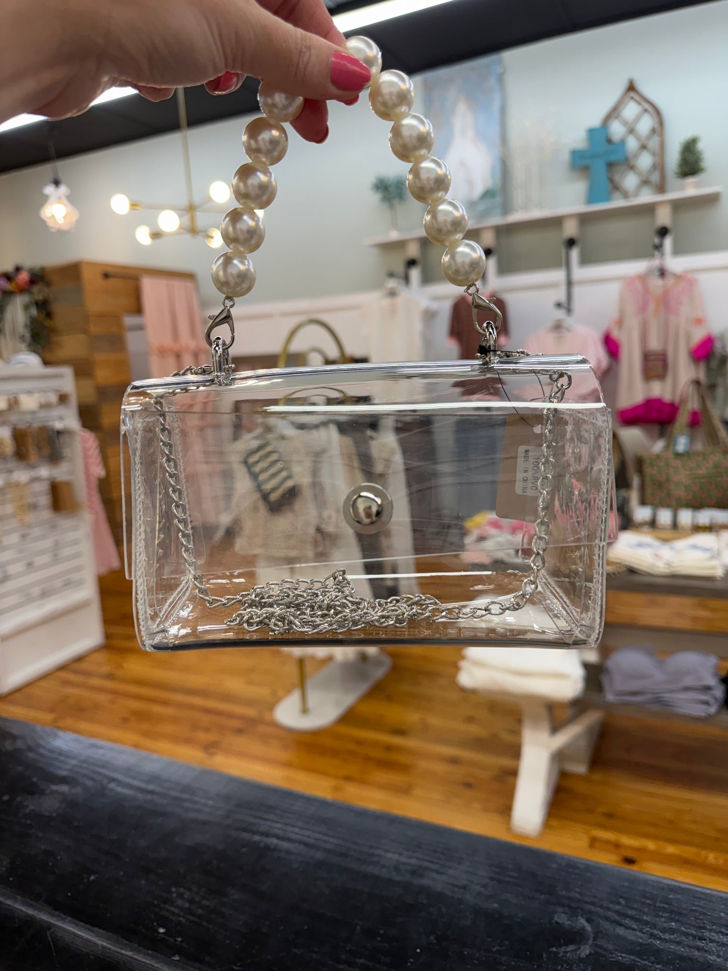 Transparent Clear Pearl Handle Bag