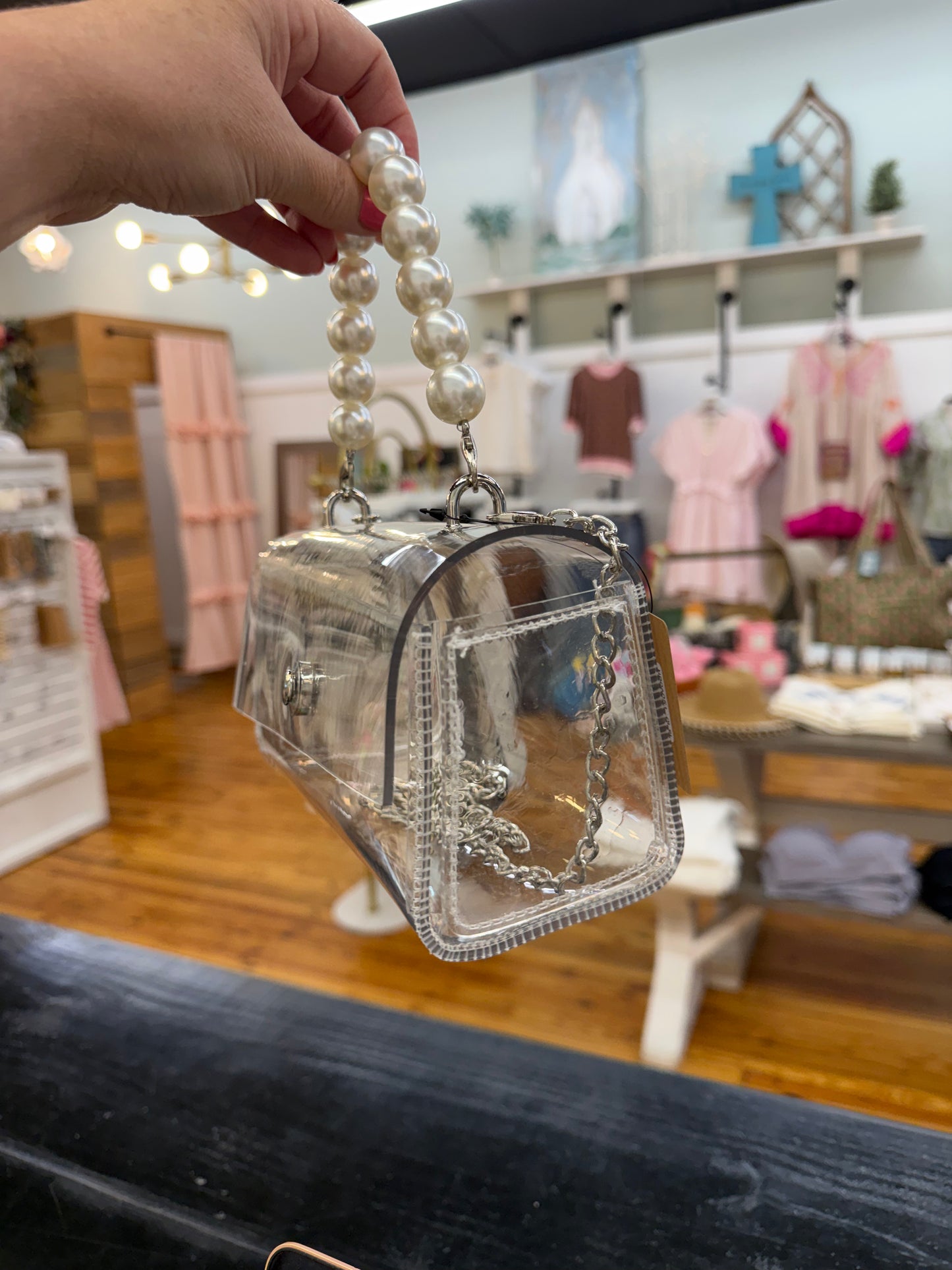 Transparent Clear Pearl Handle Bag