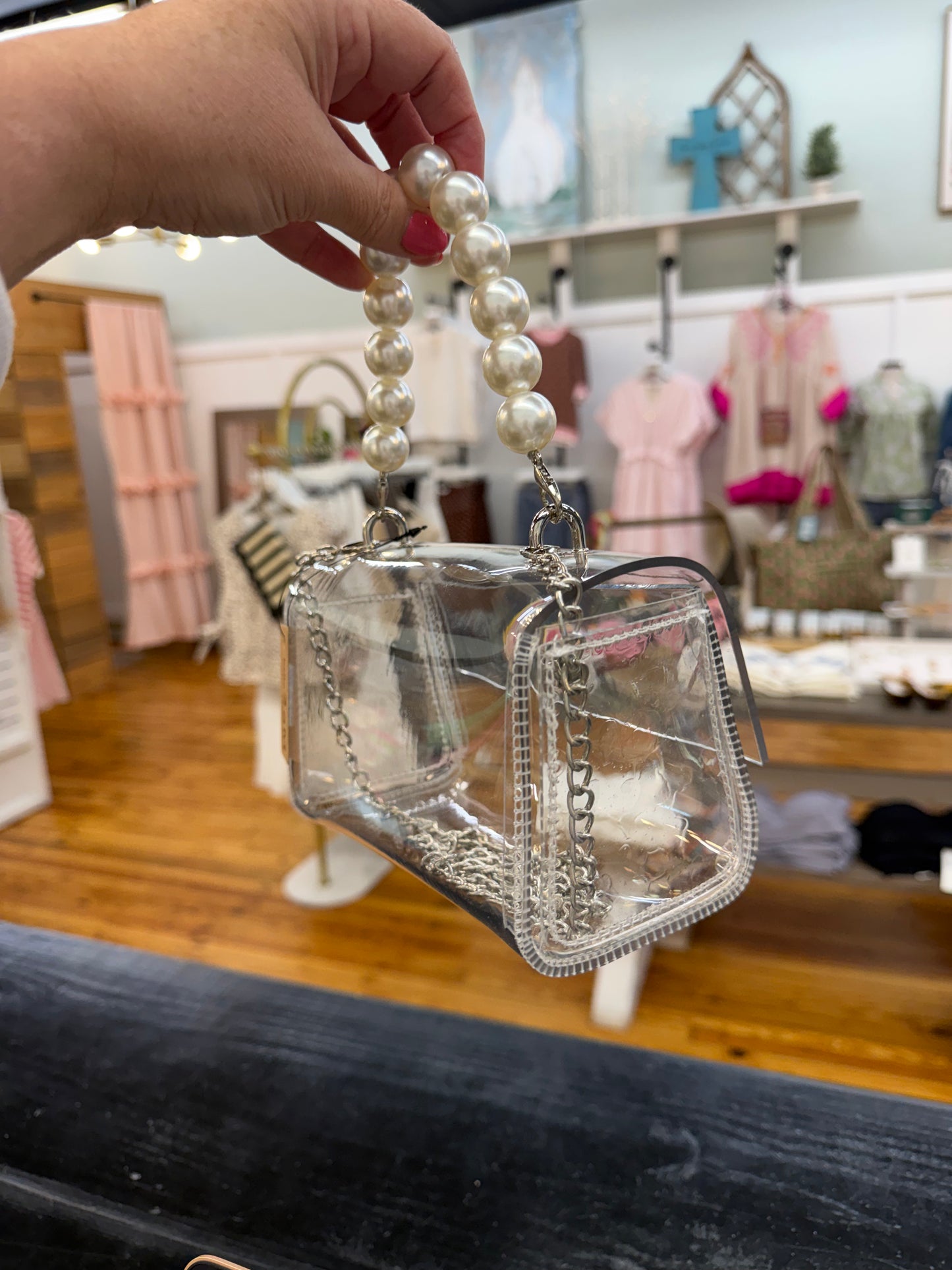 Transparent Clear Pearl Handle Bag