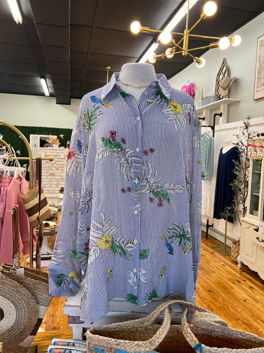 Blue Floral Stripe Print Button Down Top 
(PLUS)
