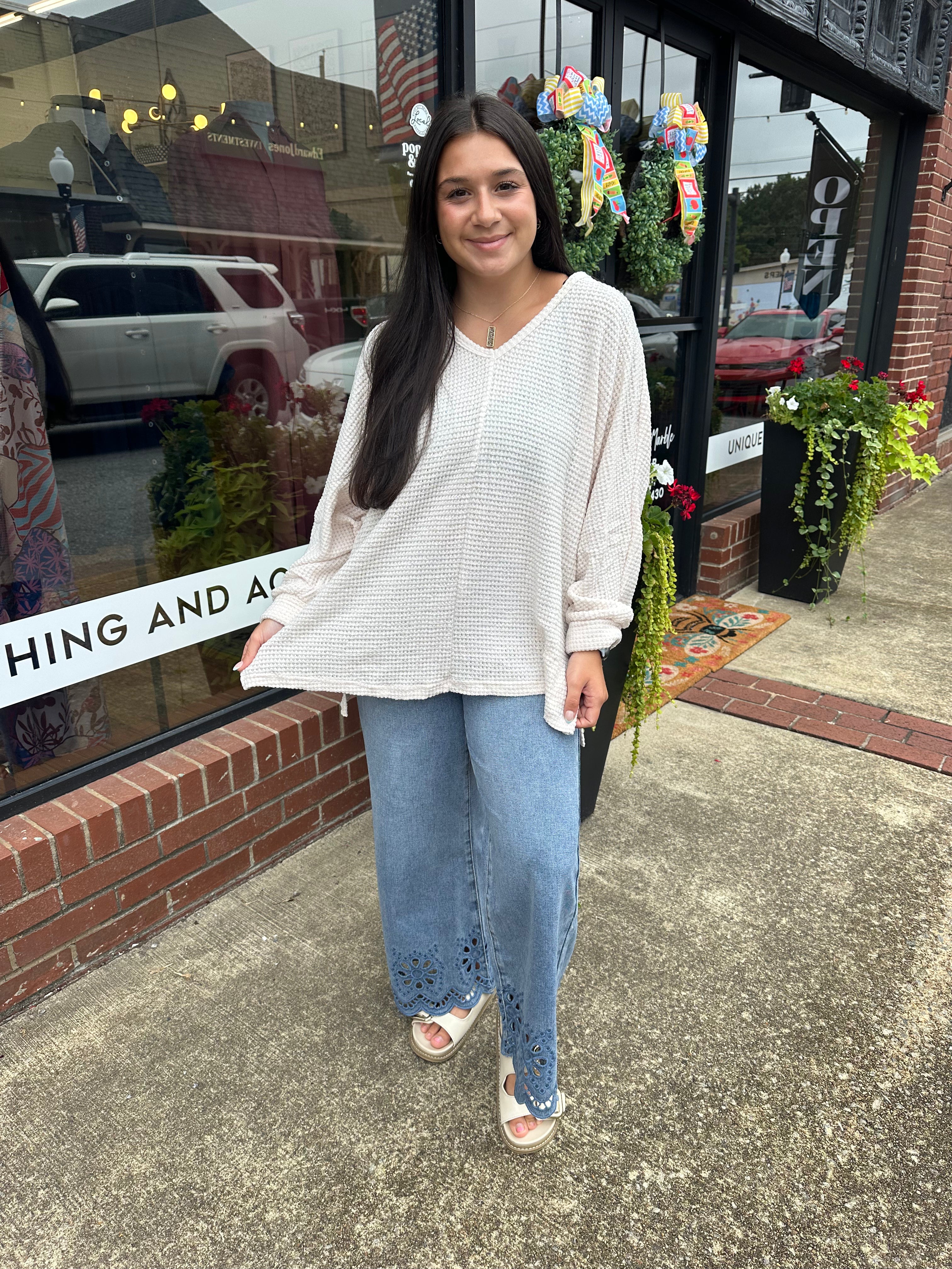 The Emmie Waffle Weave V-Neck Top (S-2X)(Runs Roomy!)