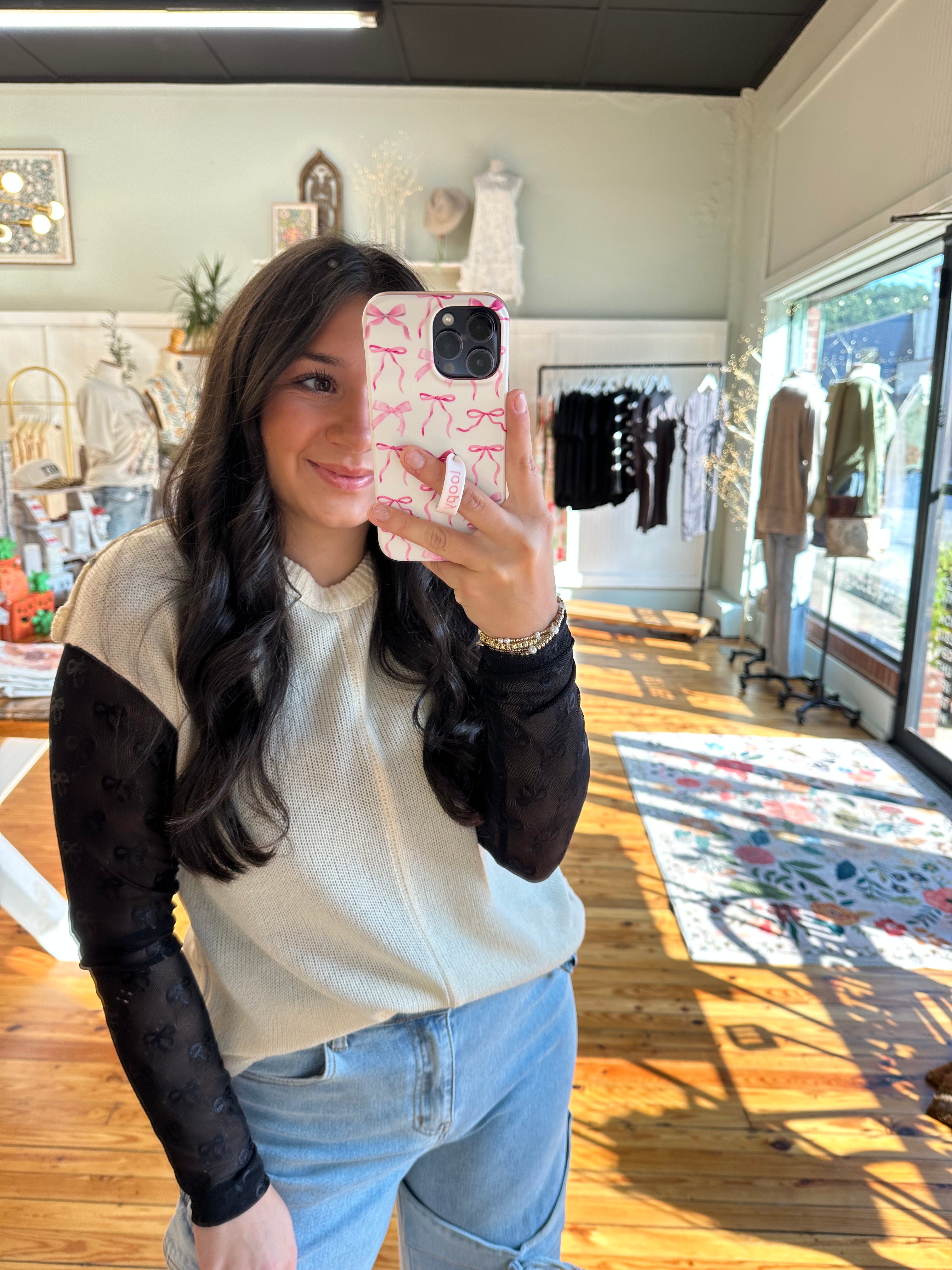 Knit Cap Sleeve Crewneck Sweater Top (S-XL)