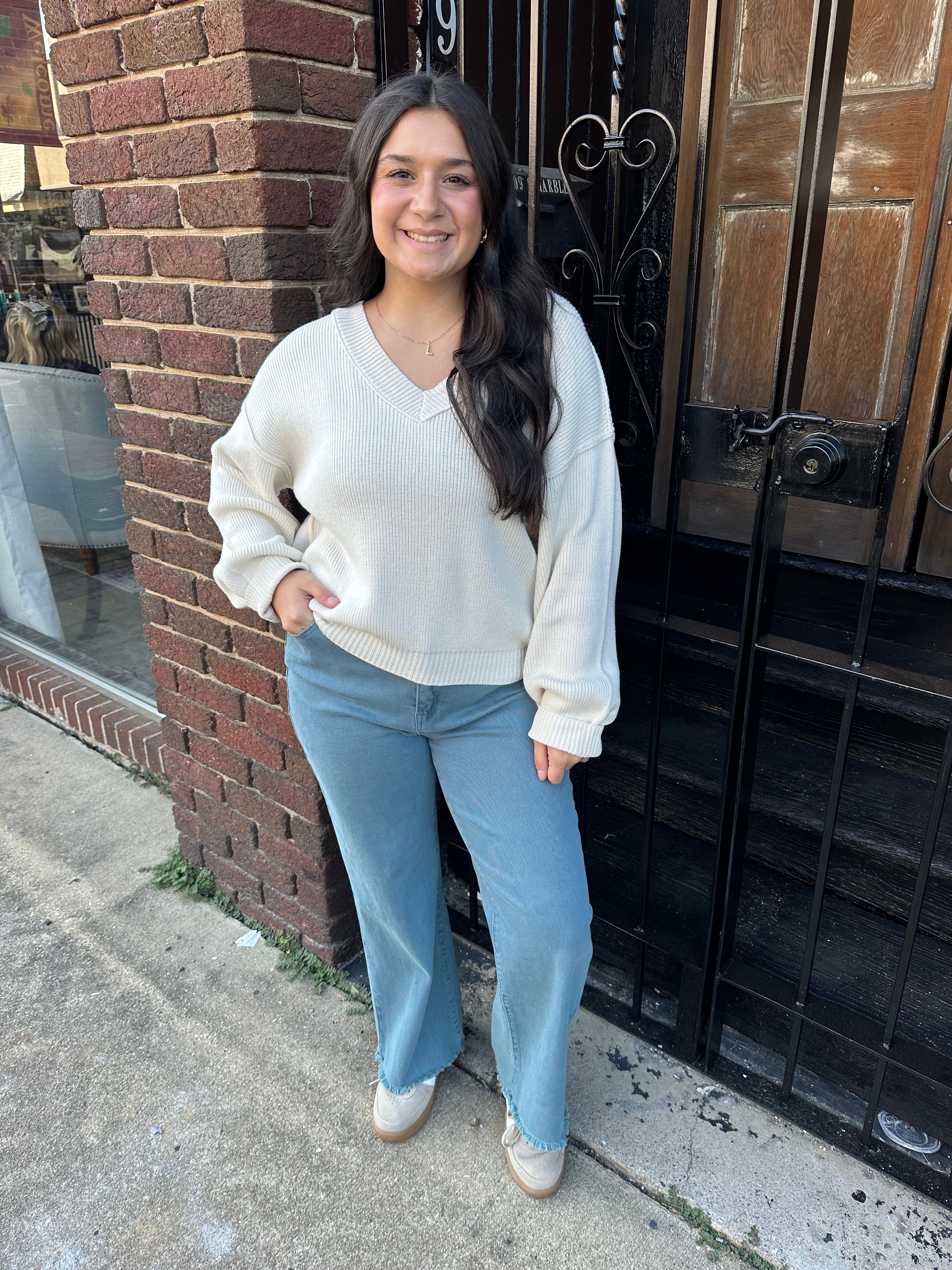 EXPOSED SEAM V NECK PULLOVER KNIT SWEATER (S-L)