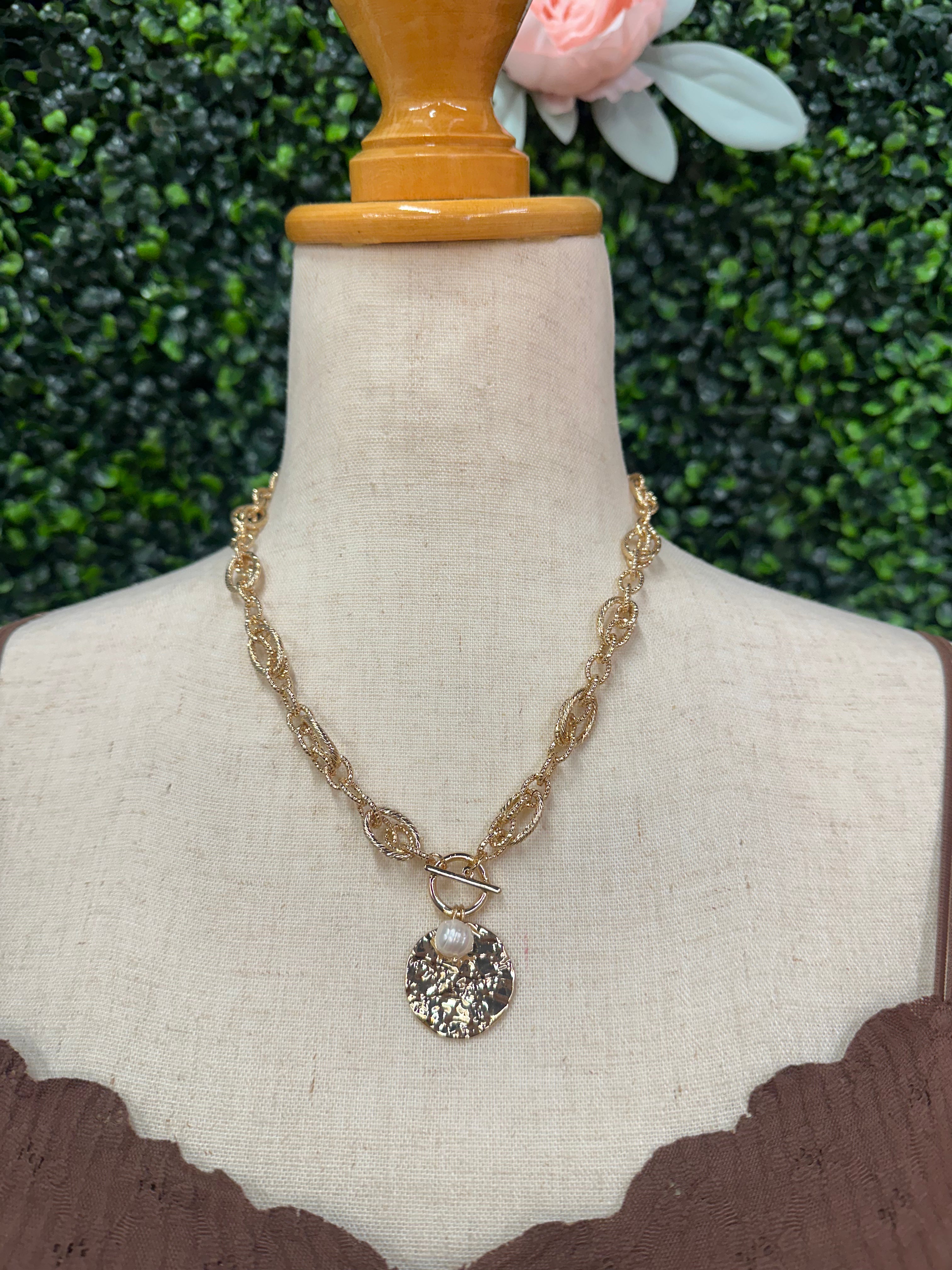 Water Resistant Gold Chain with Hammered Coin and Pearl