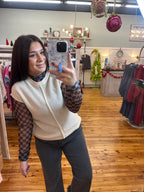 Checkered Print Mesh Crew Neck Design Long Sleeve (S-L)