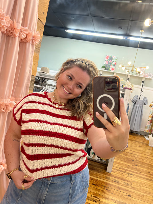 STRIPE SCALLOP TRIM CROCHET SWEATER (2 Colors) (S-L)