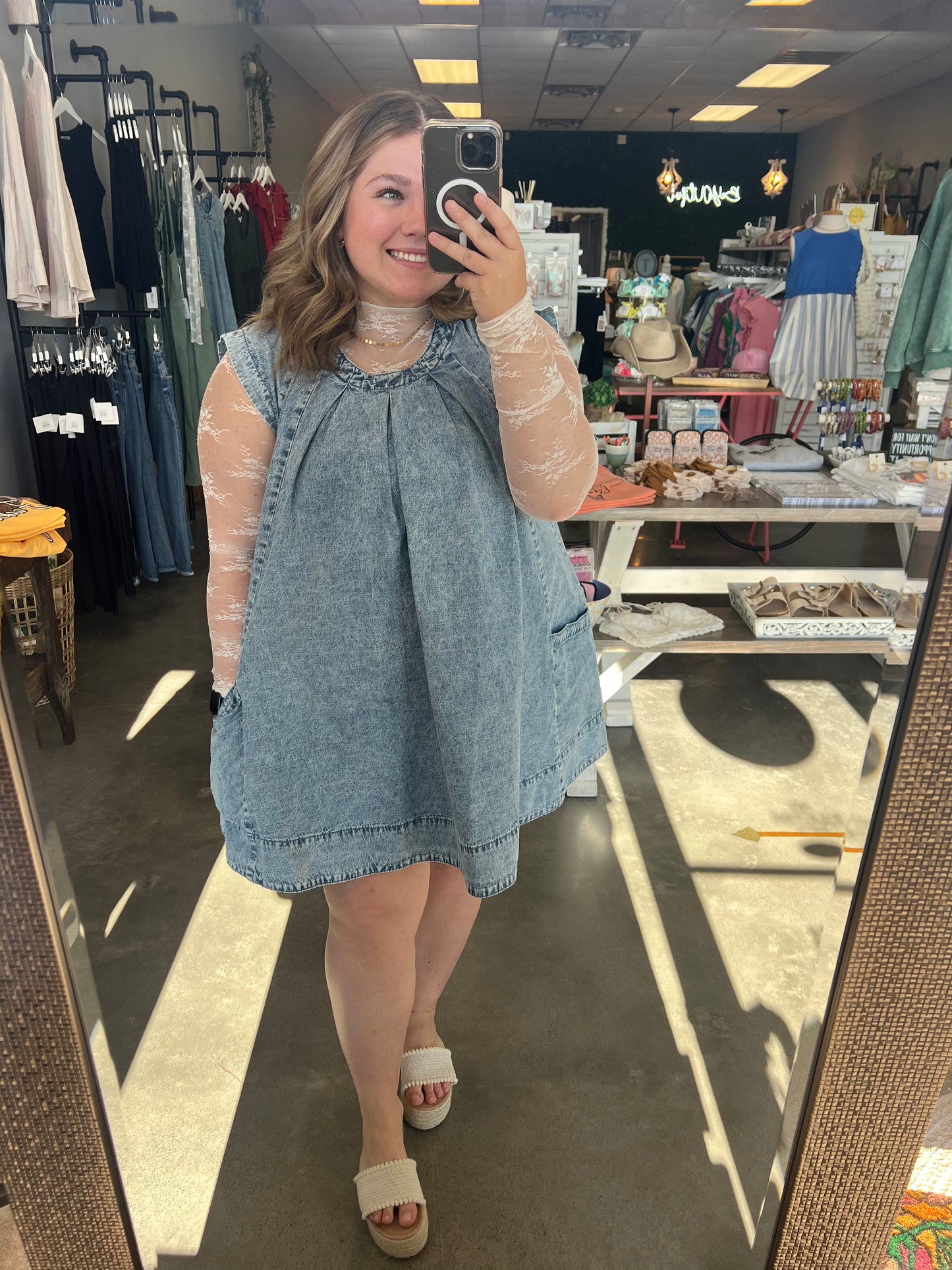 Washed Denim Pocket Mini Dress (S-L)(Runs Big!)