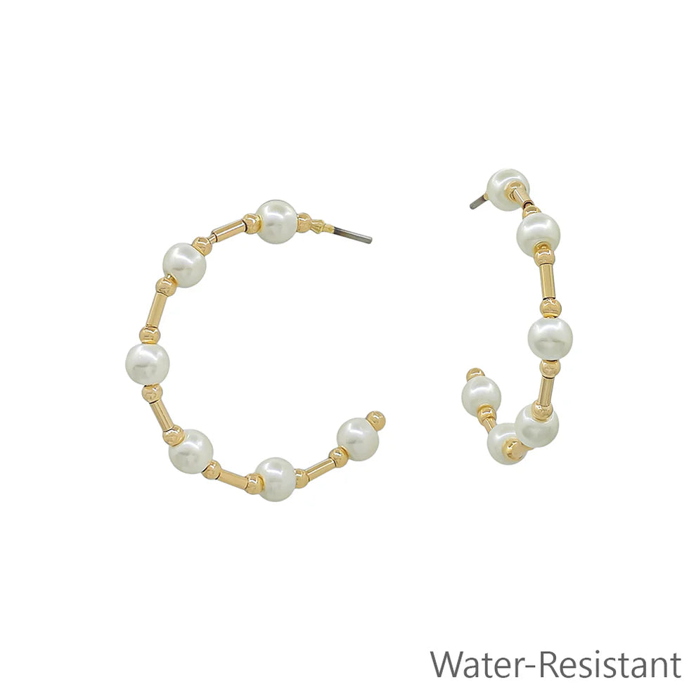 Water Resistant Gold Beaded Pearl Hoop Earrings