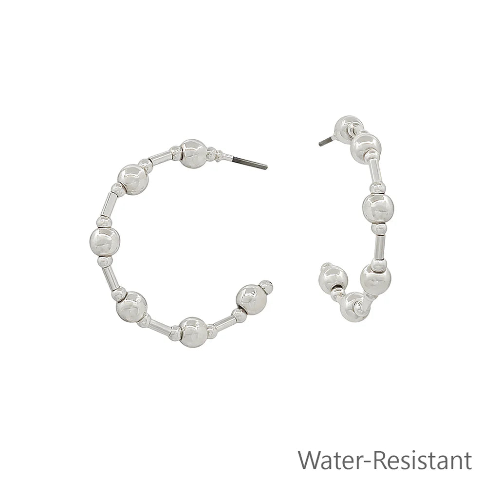 Water Resistant Silver Beaded Hoop Earrings