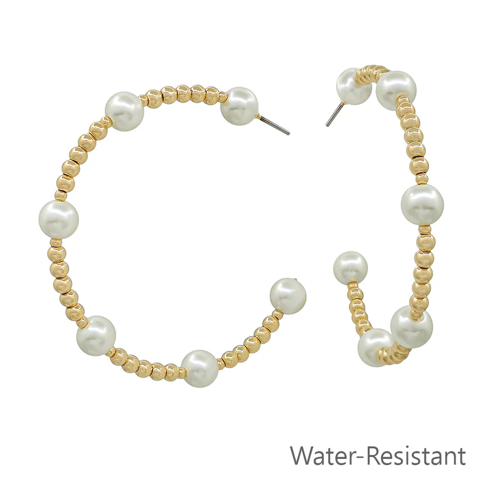 Water Resistant Gold Beaded with Pearl Beaded Hoop Earrings