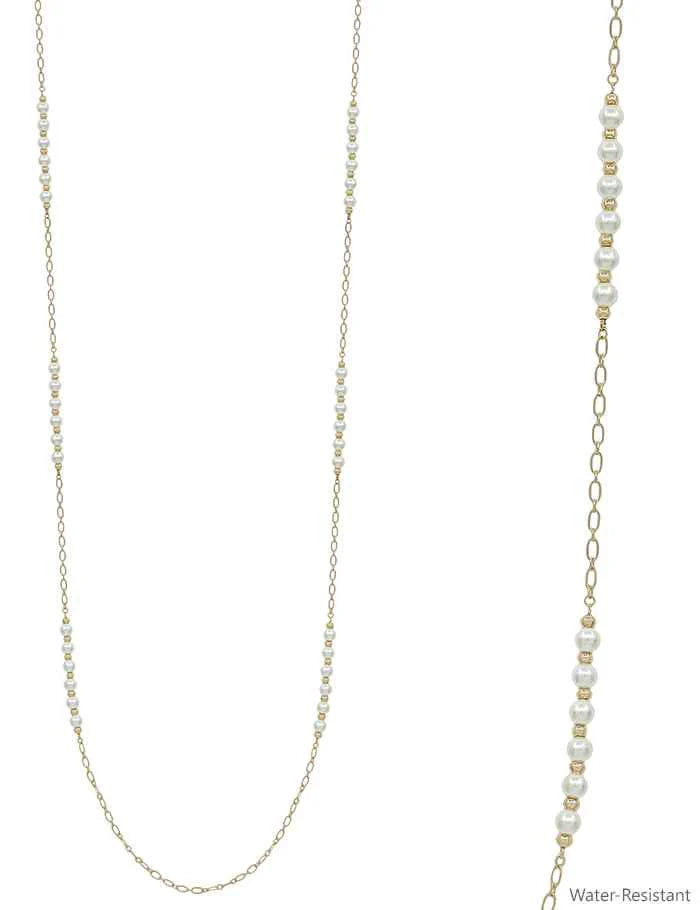 Water Resistant Gold Beaded and Pearl 32" Necklace