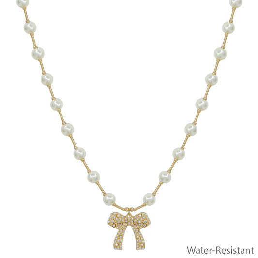 Pearl Beaded Bow Necklace (Water Resistant)