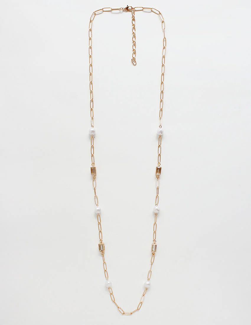 Gold Textured Chain with Clear Crystal and Pearl