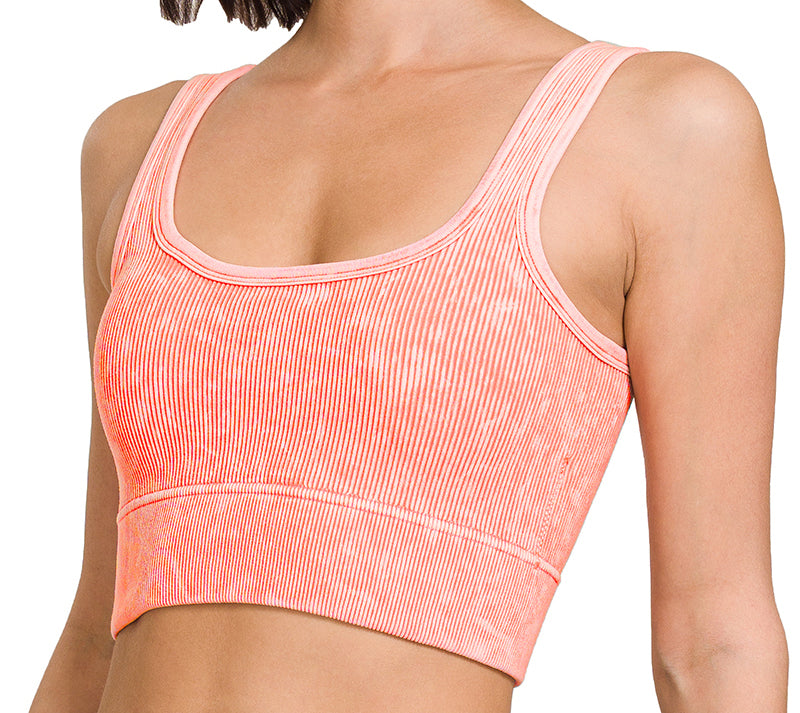 Washed Ribbed Square Neck Bra with Pads