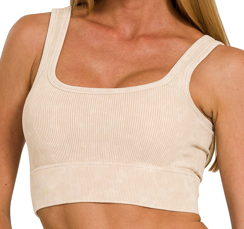 Washed Ribbed Square Neck Bra with Pads