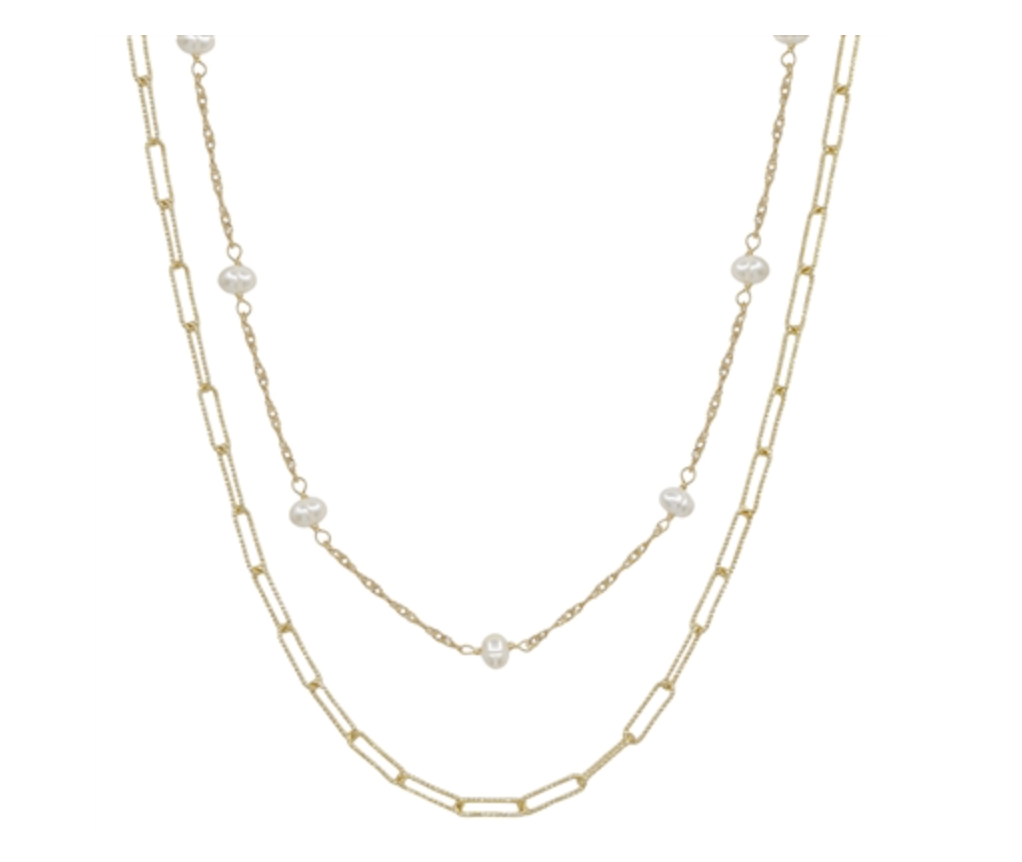 Double-Stacked Gold Link Chain and Pearl Necklace