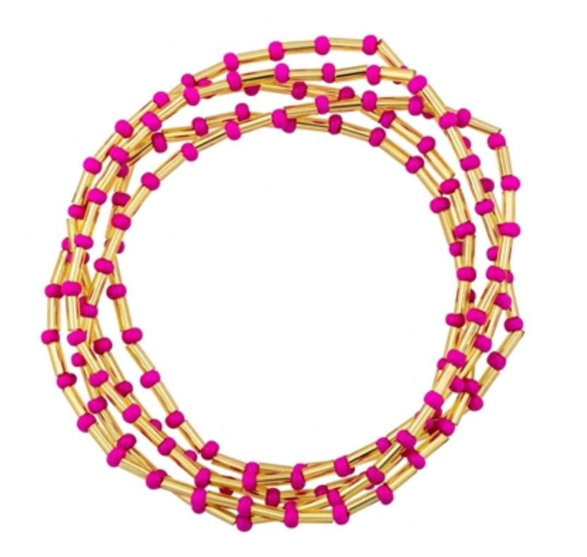 Hot Pink and Gold Beaded Set of 5 Stretch Bracelets
