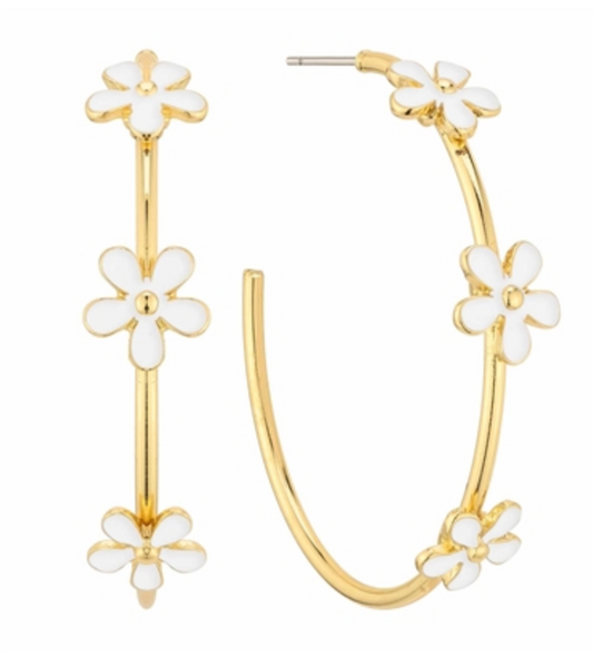 Gold Hoop Earrings with Flower Accents (2 colors)