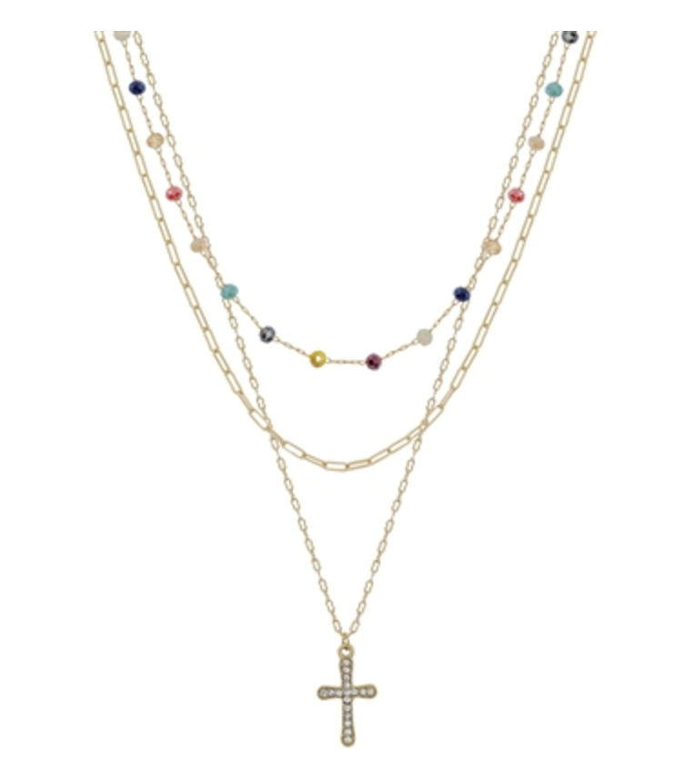 Multi-Colored Beaded and Gold Cross Stacked Necklace