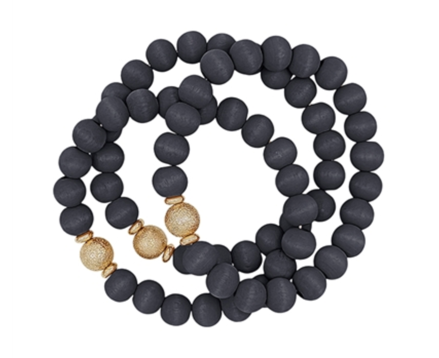 Black Wood Beaded and Gold Set of 3 Bracelets