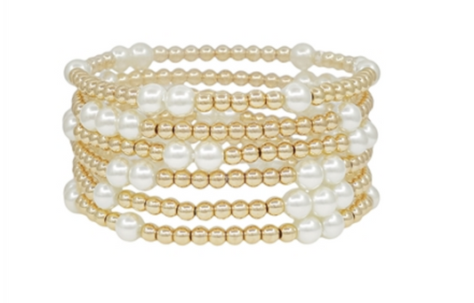 Set of 7 Gold Beaded and Pearl Bracelet Set (Water Resistant)